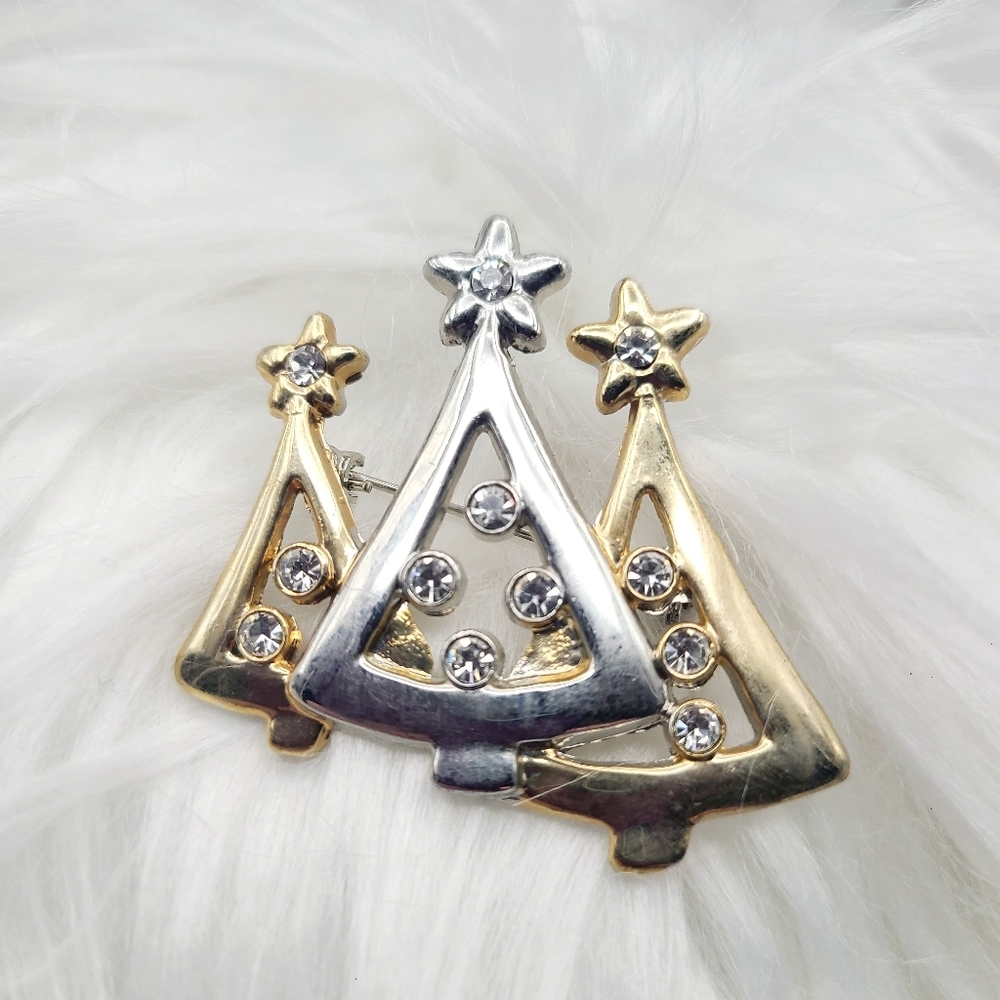 Vintage Gold & Silver Christmas Tree Trio Brooch